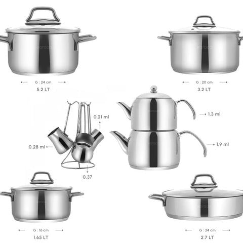 Karaca Belgrad 15-Piece Stainless Steel Cookware, Teapot &amp; Coffee Pot Set - Induction Base