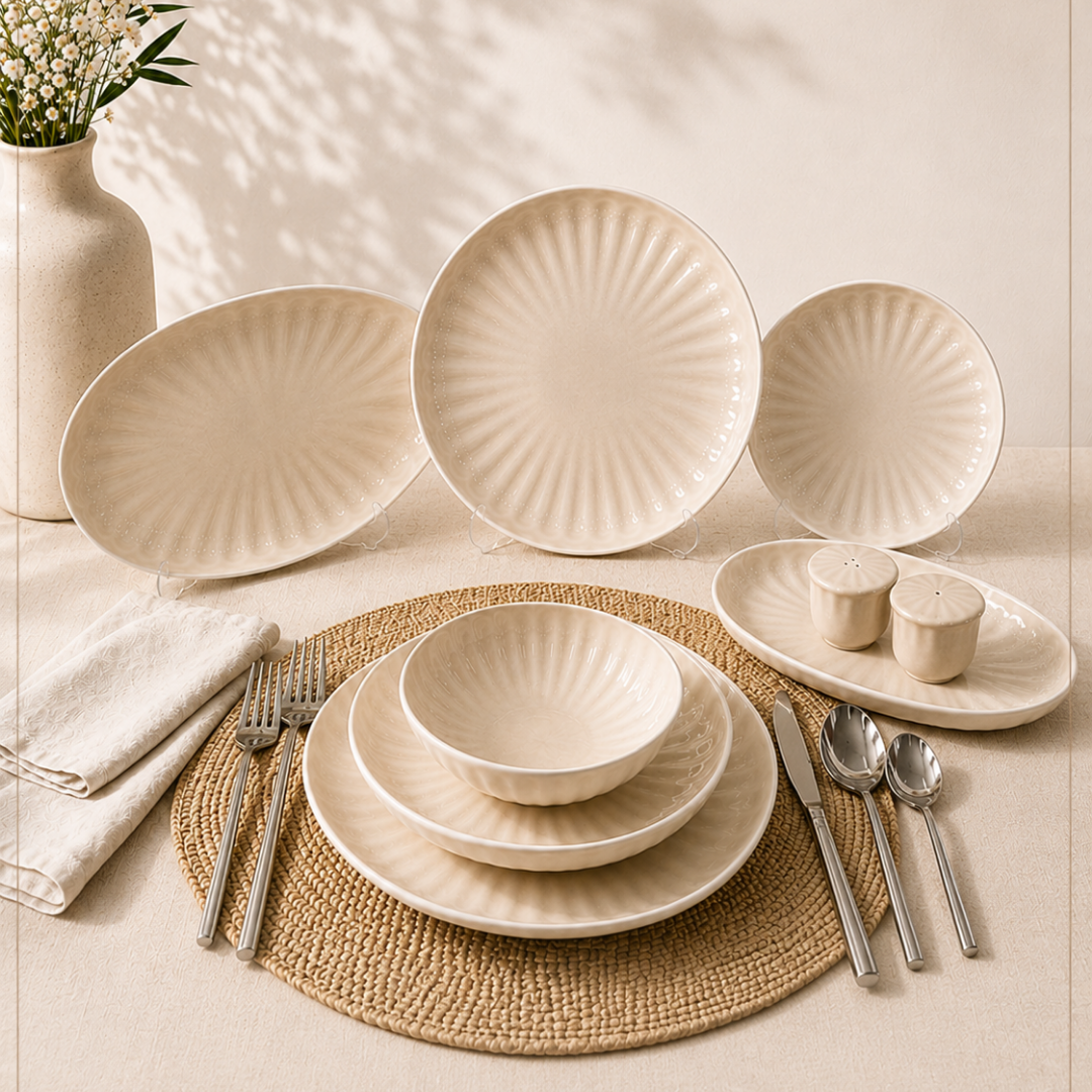 Bricard Remy 27 Piece Porcelain Dinner Set for 6 People – White & Taupe Dinnerware, Dishwasher & Microwave Safe