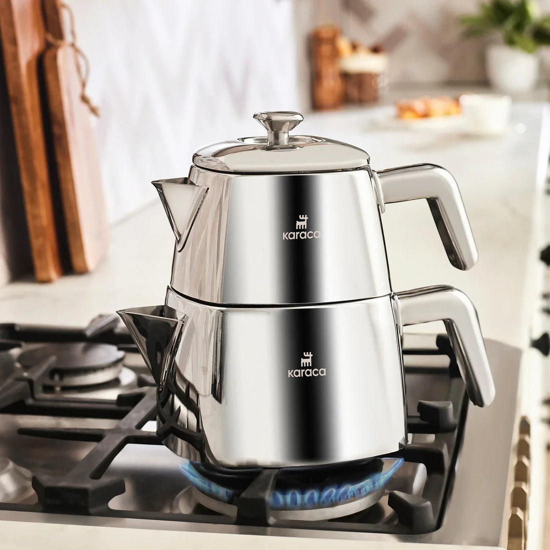 Karaca Brewinox Large Stainless Steel Stovetop Teapot Set 1L + 2L