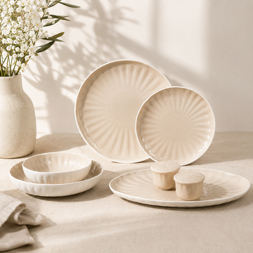 Bricard Remy 27 Piece Porcelain Dinner Set for 6 People – White & Taupe Dinnerware, Dishwasher & Microwave Safe