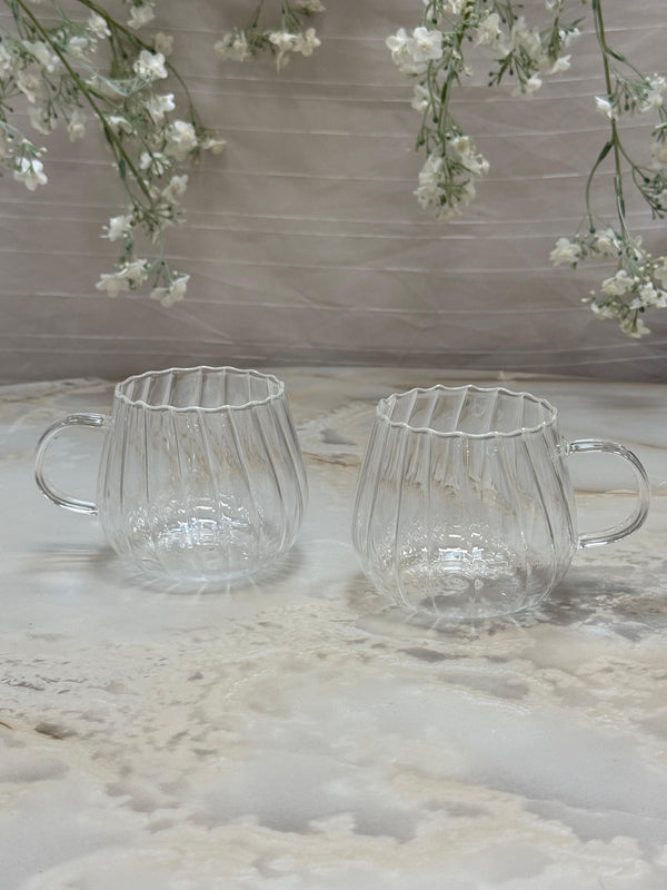 Bavary Floral Patterned Glass Cup Set with Handles (Rimmed) - Set of 2