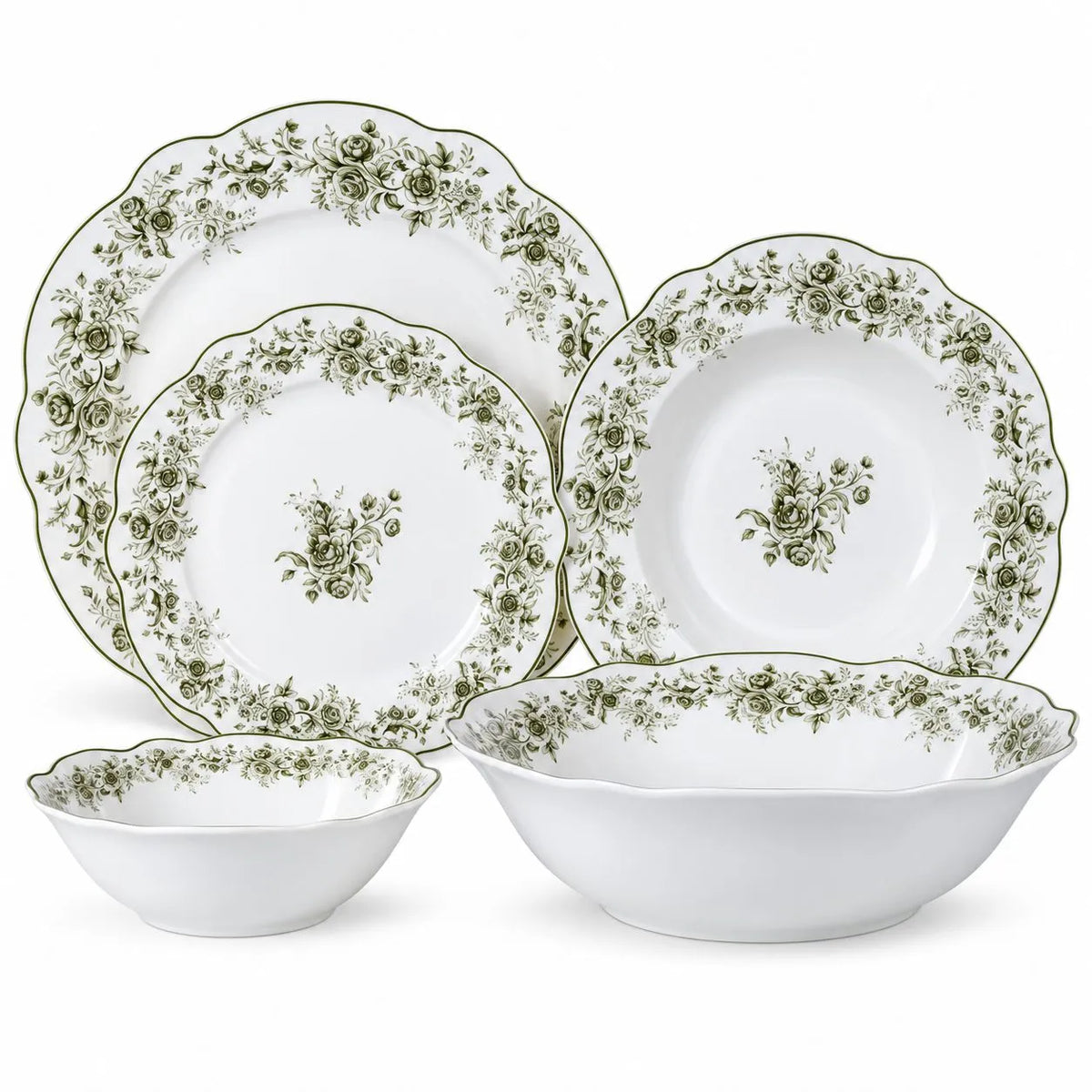 Vintage Porcelain Dinner Set – 25 Pieces for 6, Green Floral