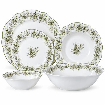 Vintage Porcelain Dinner Set – 25 Pieces for 6, Green Floral