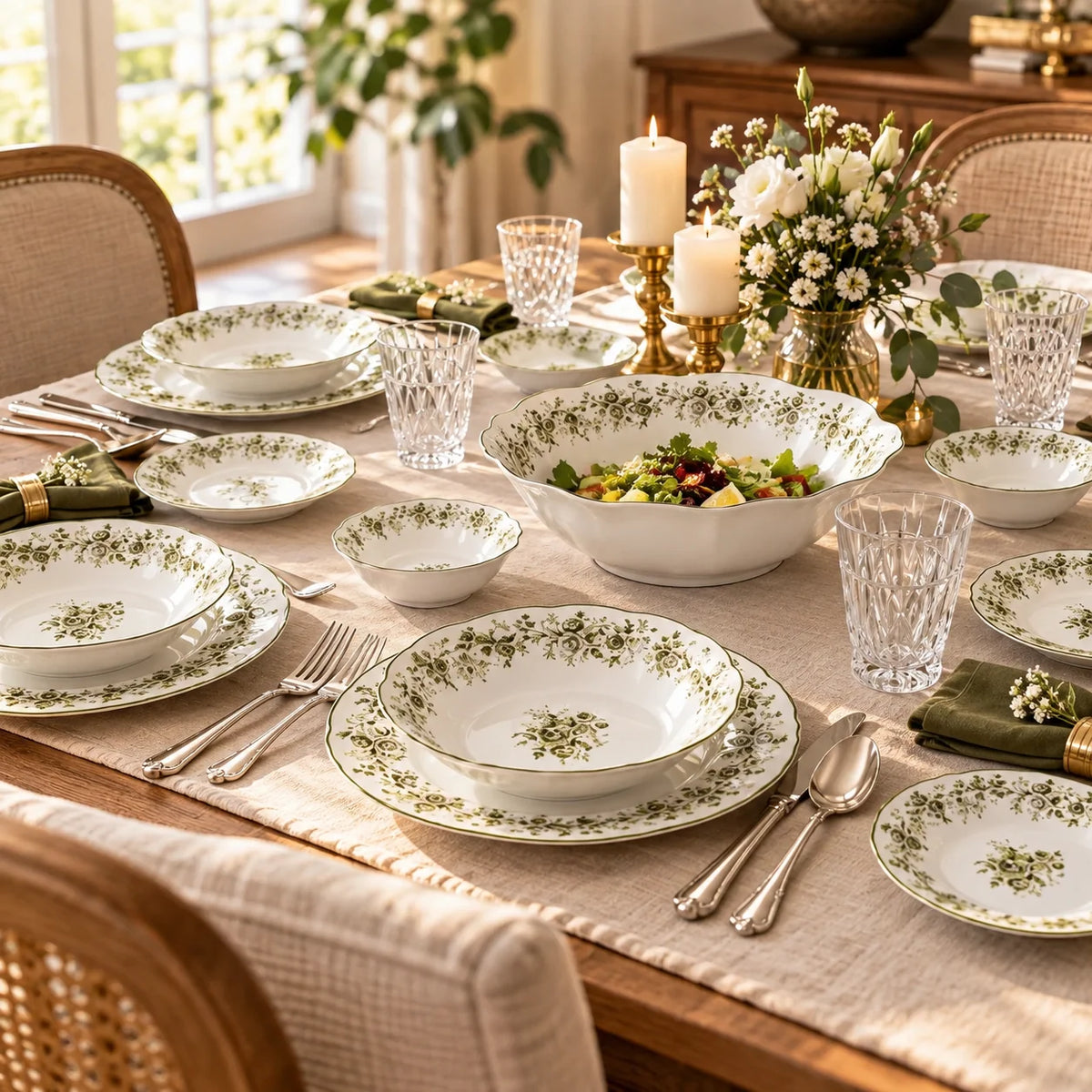Vintage Porcelain Dinner Set – 25 Pieces for 6, Green Floral