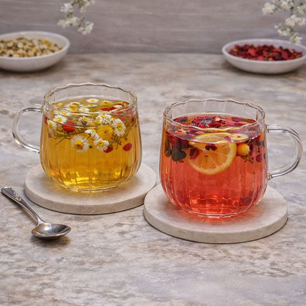Bavary Floral Patterned Glass Cup Set with Handles (Rimmed) - Set of 2