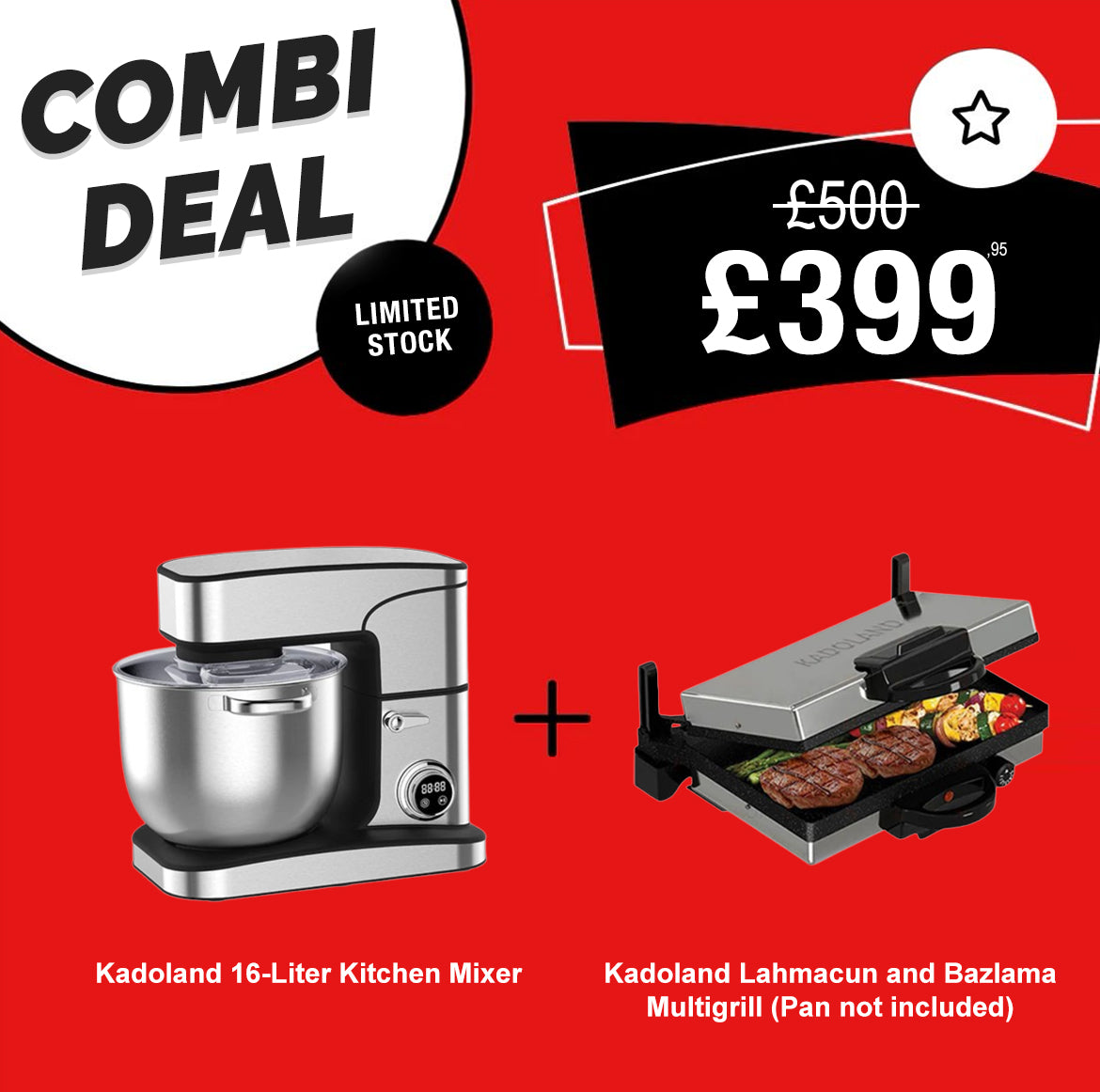 Kadoland Dough Mixer 16 Liter 2800 Watt / Dough Machine / Kitchen Chef / Stand Mixer + Kadoland Lahmacun and Bazlama Multigrill